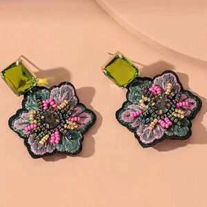 Multi colour Beaded Flower Earrings - Floral Green & Pink - NEW